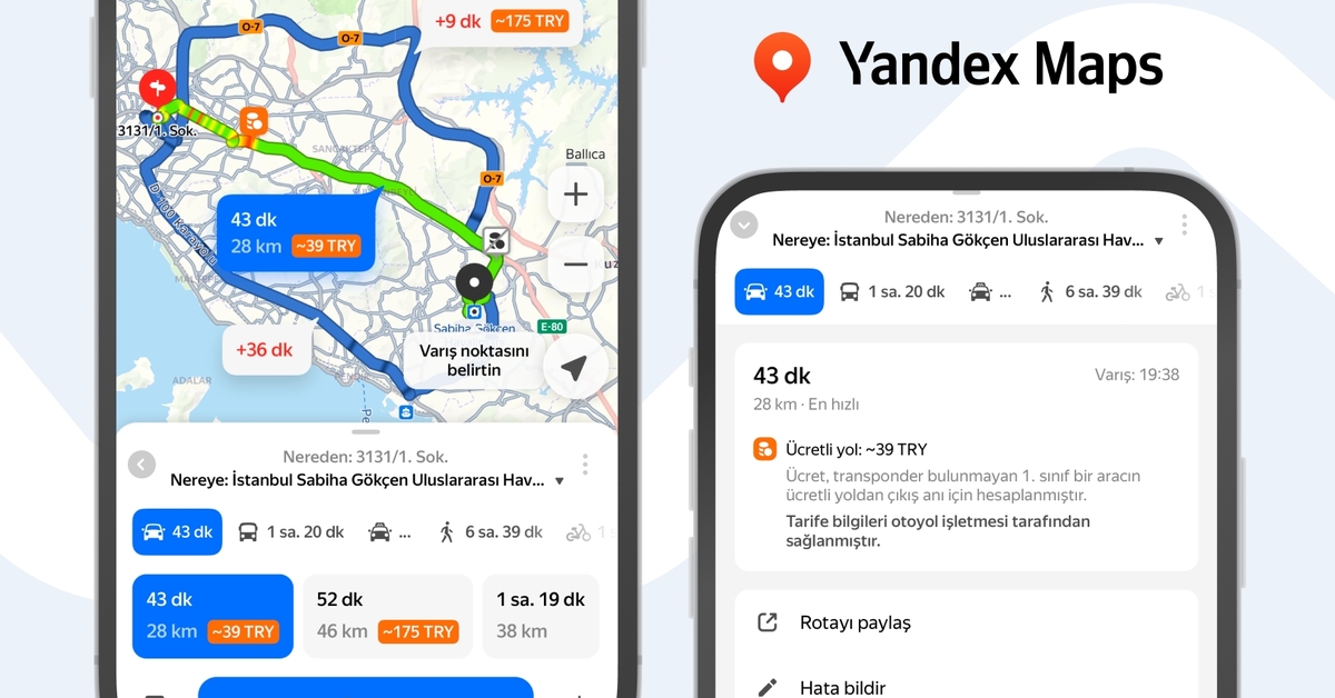Yandex Maps artık güzergâh boyunca yol ücretlerini gösteriyor